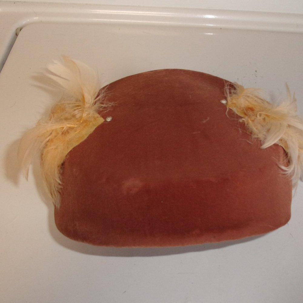 Vintage ladies hat cap brown wool feathers